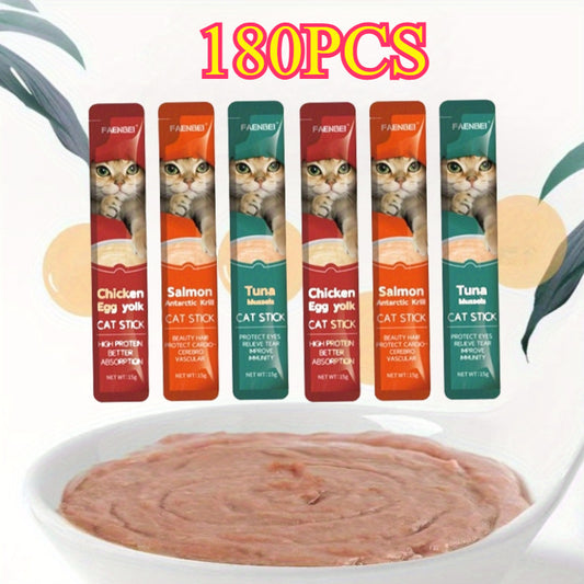 Cat Nutrition Strips 180-Piece Variety Pack – Wet Food Treats in Chicken, Salmon, Tuna, Egg Yolk, Krill & Mussel Flavors | High-Protein Lickable Cat Snacks | Soft Meat Strips for Cats of All Ages