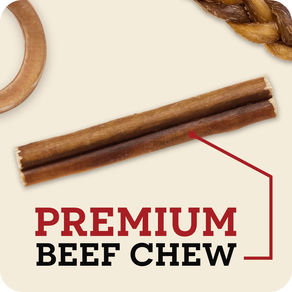 An image with the Redbarn Bully stick in the center with the message, 'Premium Beef Chew'