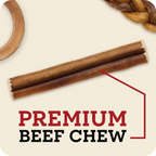 An image with the Redbarn Bully stick in the center with the message, 'Premium Beef Chew'