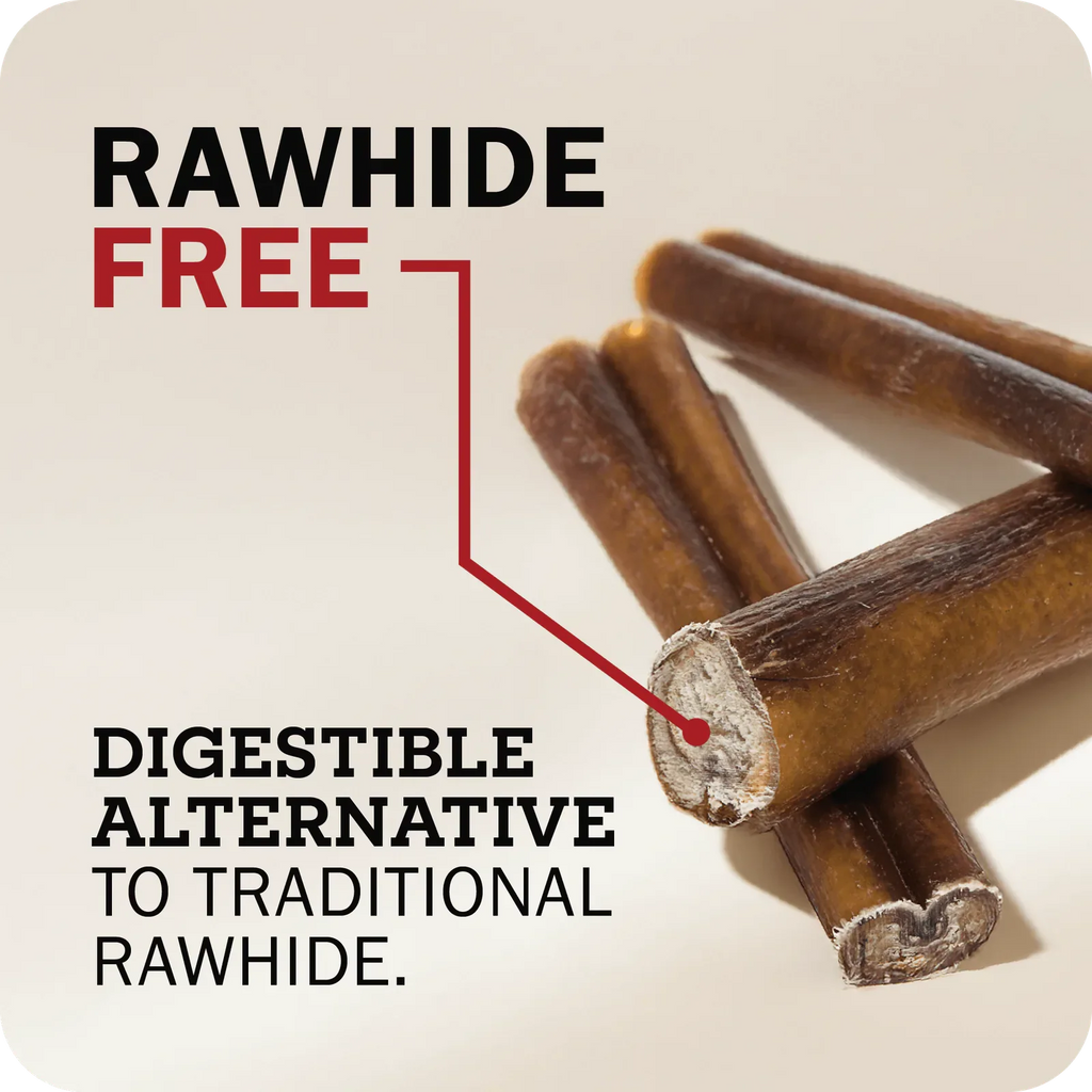 An image with Bully sticks on the side with a message that points towards it which reads, 'Rawhide Free. Digestible alternative to traditional rawhide.'