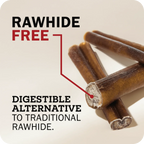 An image with Bully sticks on the side with a message that points towards it which reads, 'Rawhide Free. Digestible alternative to traditional rawhide.'