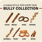 An image showcasing different types of Redbarn Bully chews with the title that reads, Bully Collection and a message that reads "A chew style for every dog"