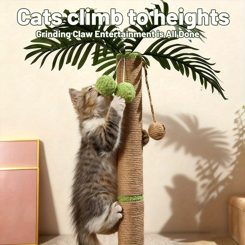 Cat Scratching Post 36.3 Inch - Natural Sisal Coconut Tree Design with Hanging Balls, Stable Weighted Base Cat Scratcher Tower for Indoor Cats, Space-Saving Kitten Activity Center for Apartment and Home