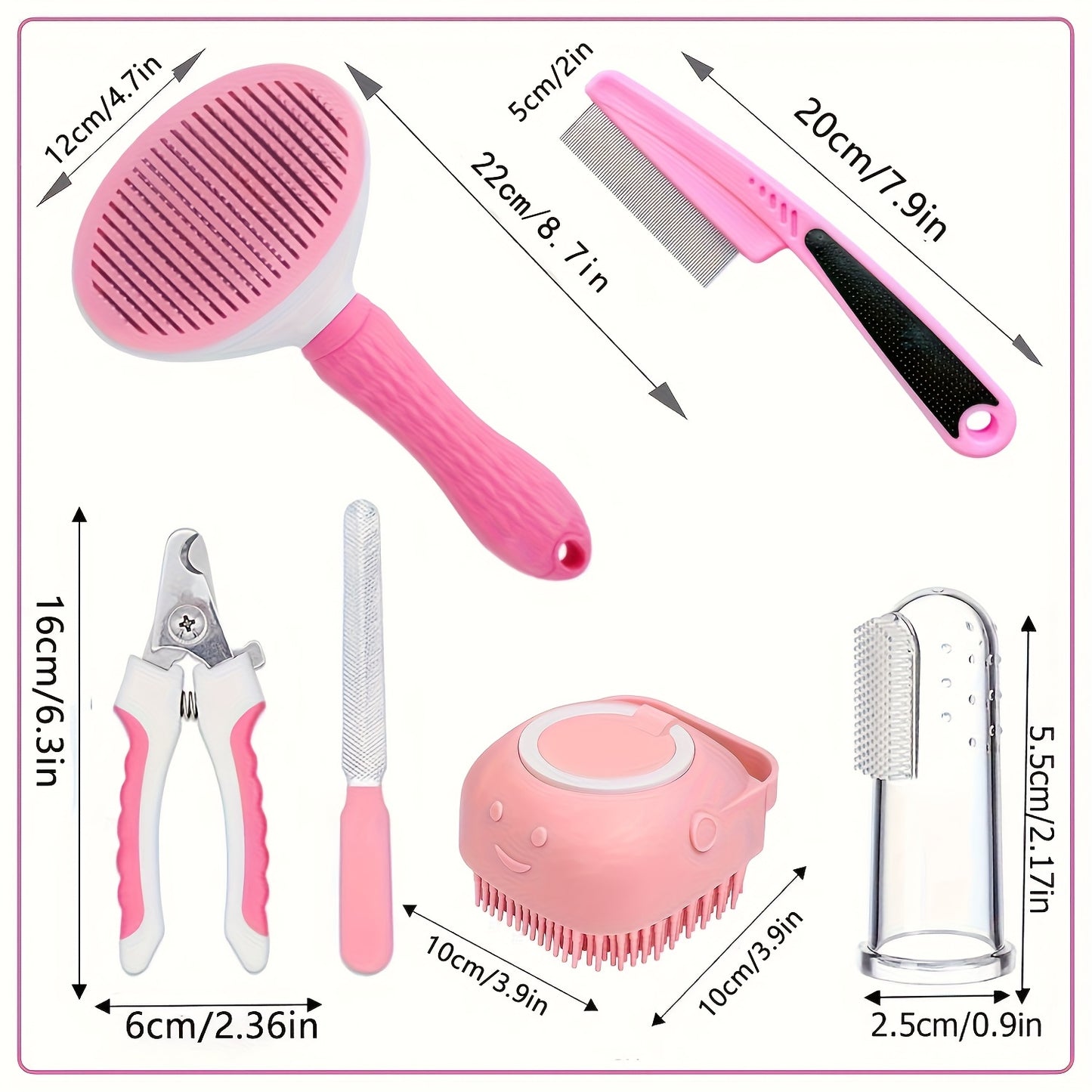 Cat & Dog Grooming Set 9-in-1 & 11-in-1 – Self-Cleaning Slicker Brush, Nail Clippers & File, Flea Comb, Shampoo Brush, Finger Toothbrush & Storage Bag, No Battery, Pink or Blue