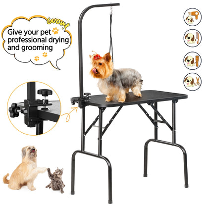 Pet Grooming Table Foldable with Height Adjustable Arm – Non-Slip Waterproof Surface, Folding Legs, Sturdy Metal Frame, Professional Dog Cat Beauty Trimming Table for Home & Salon
