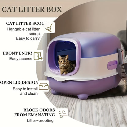 Covered Cat Litter Box with Scoop – Fully Enclosed Hooded Design, Spill-Proof & Odor-Reducing | Easy to Clean, Assemble & Store | Spacious Interior for Small to Medium Cats | Blue, Gray or Purple