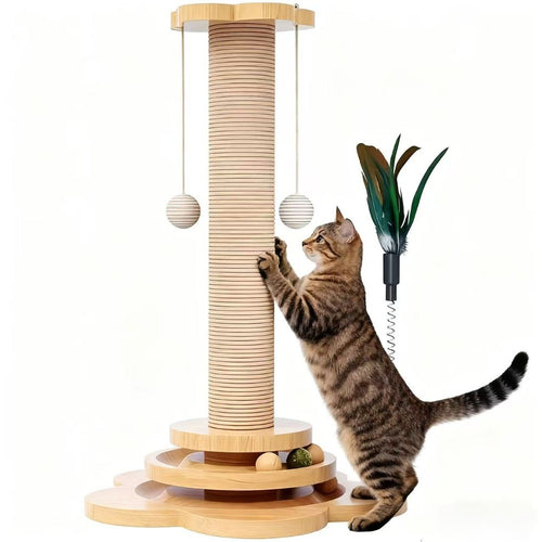 Sisal Cat Scratching Post with Hanging Ball & Turntable Interactive Toy 18.1 Inch - Sturdy Non-Slip Base Suction Cup Bottom for Kittens & Adult Cats, Furniture Protector Scratcher