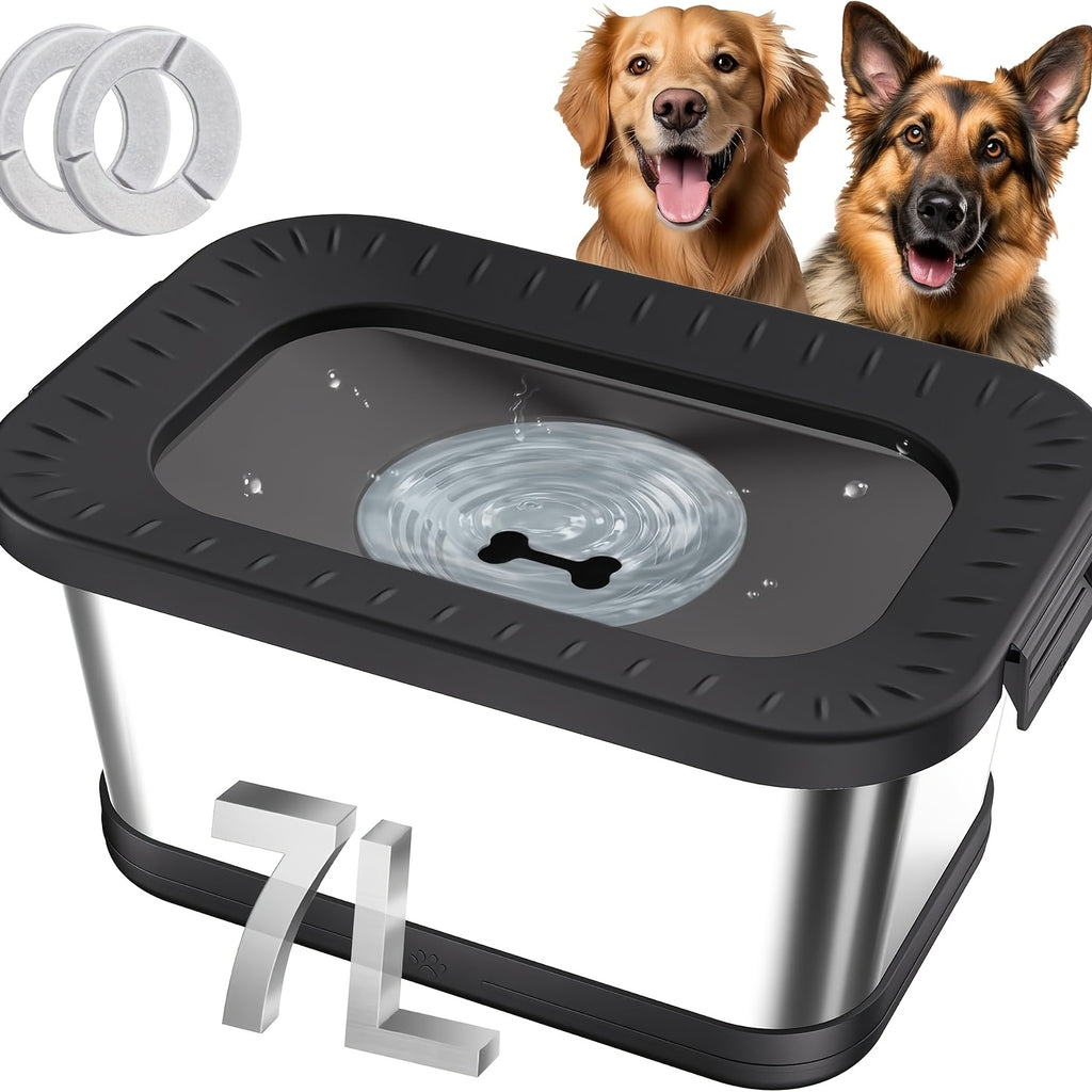 1.85gal Stainless Steel Dog Water Bowl, No Spill Anti-Splash Dog Bowls with Mat, Spill-Proof Slow Feeder for Messy Drinkers, Heavy Duty Pet Bowls for Indoor/Outdoor Use