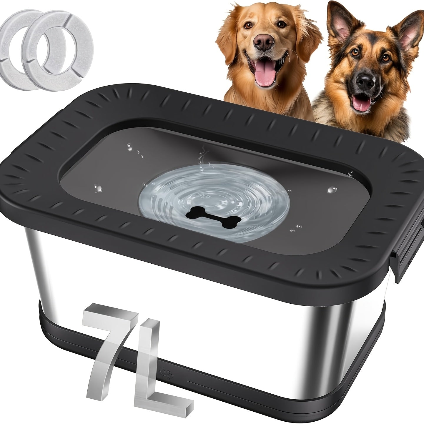 1.85gal Stainless Steel Dog Water Bowl, No Spill Anti-Splash Dog Bowls with Mat, Spill-Proof Slow Feeder for Messy Drinkers, Heavy Duty Pet Bowls for Indoor/Outdoor Use