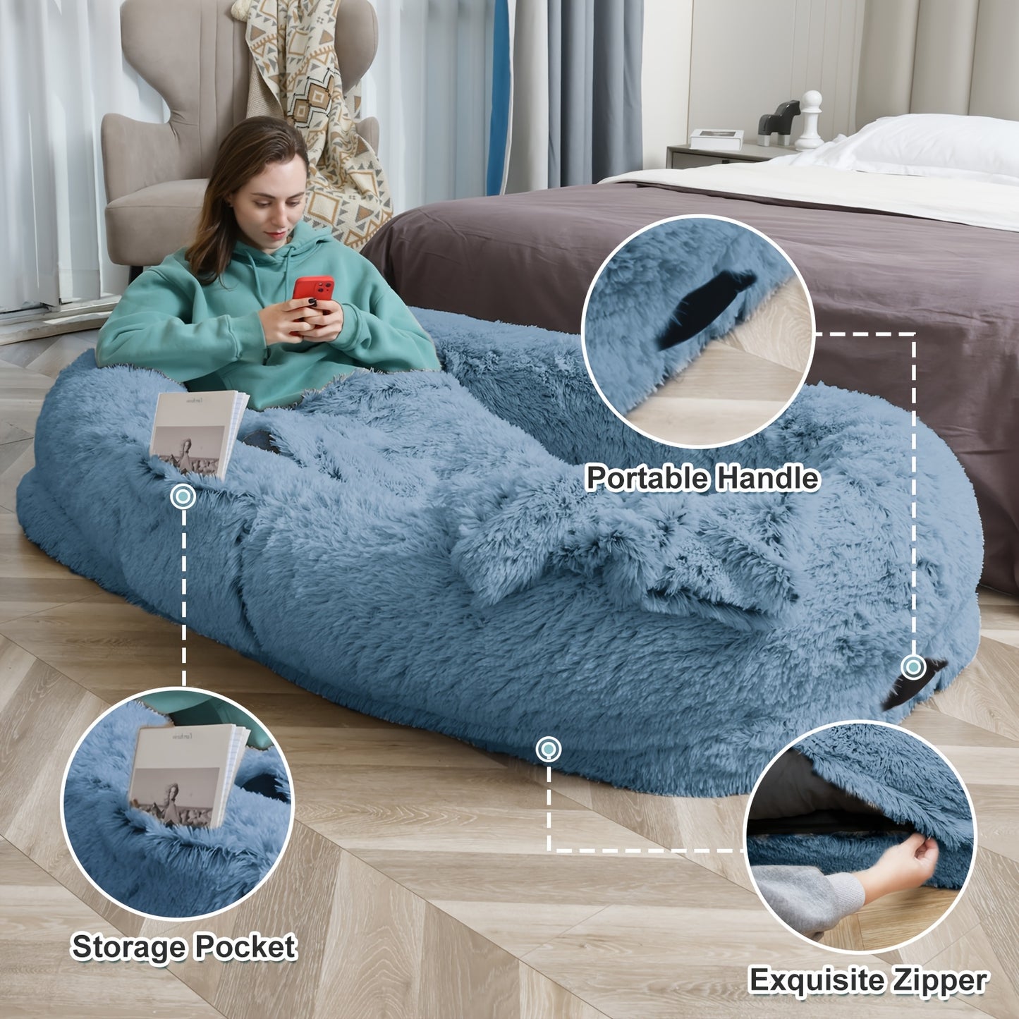 Human Dog Bed Extra Large - 70x44x11 Inch Washable Faux Fur Orthopedic Dog Bed for People & Pets, Non-Slip Giant Dog Bed with Removable Cover, Napping Lounger for Adults & Dogs in Multiple Colors