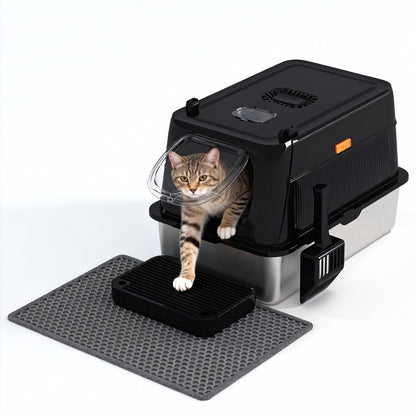 Extra Large Enclosed Cat Litter Box - Stainless Steel with Front Flap Door, Foldable Anti-Splash Fully Covered Design, Superior Odor Control Indoor Cat Toilet, 3 Colors, CITYLIFE Oversized
