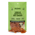 Front view of Uncle Justy’s Just Chicken bag with clear window showing dehydrated chicken breast jerky and label stating only 1 ingredient