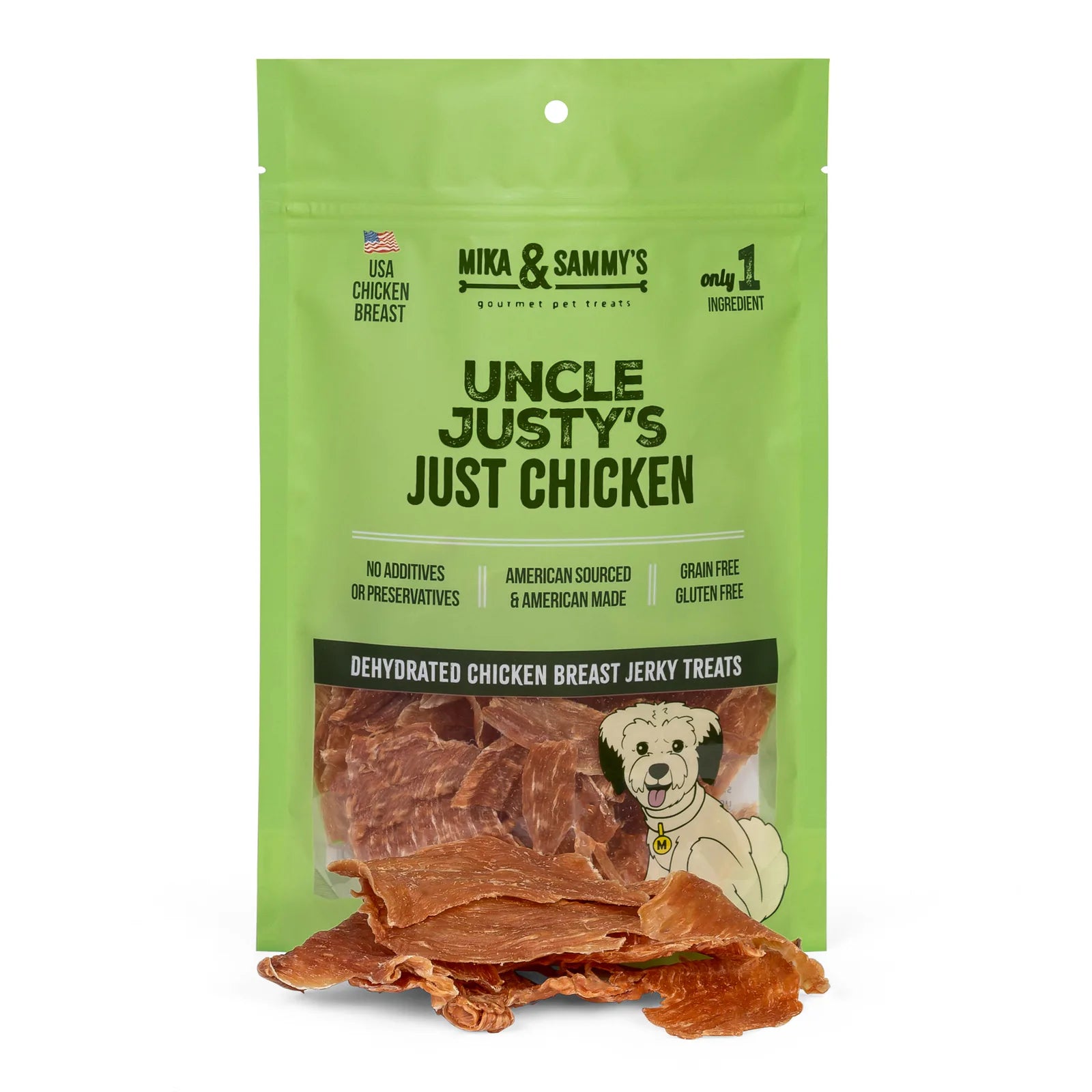 Front view of Uncle Justy’s Just Chicken bag with clear window showing dehydrated chicken breast jerky and label stating only 1 ingredient