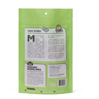 Rear view of Uncle Justy’s Just Chicken resealable green pouch showing ingredient list, feeding guidelines, brand story, and barcode on white background