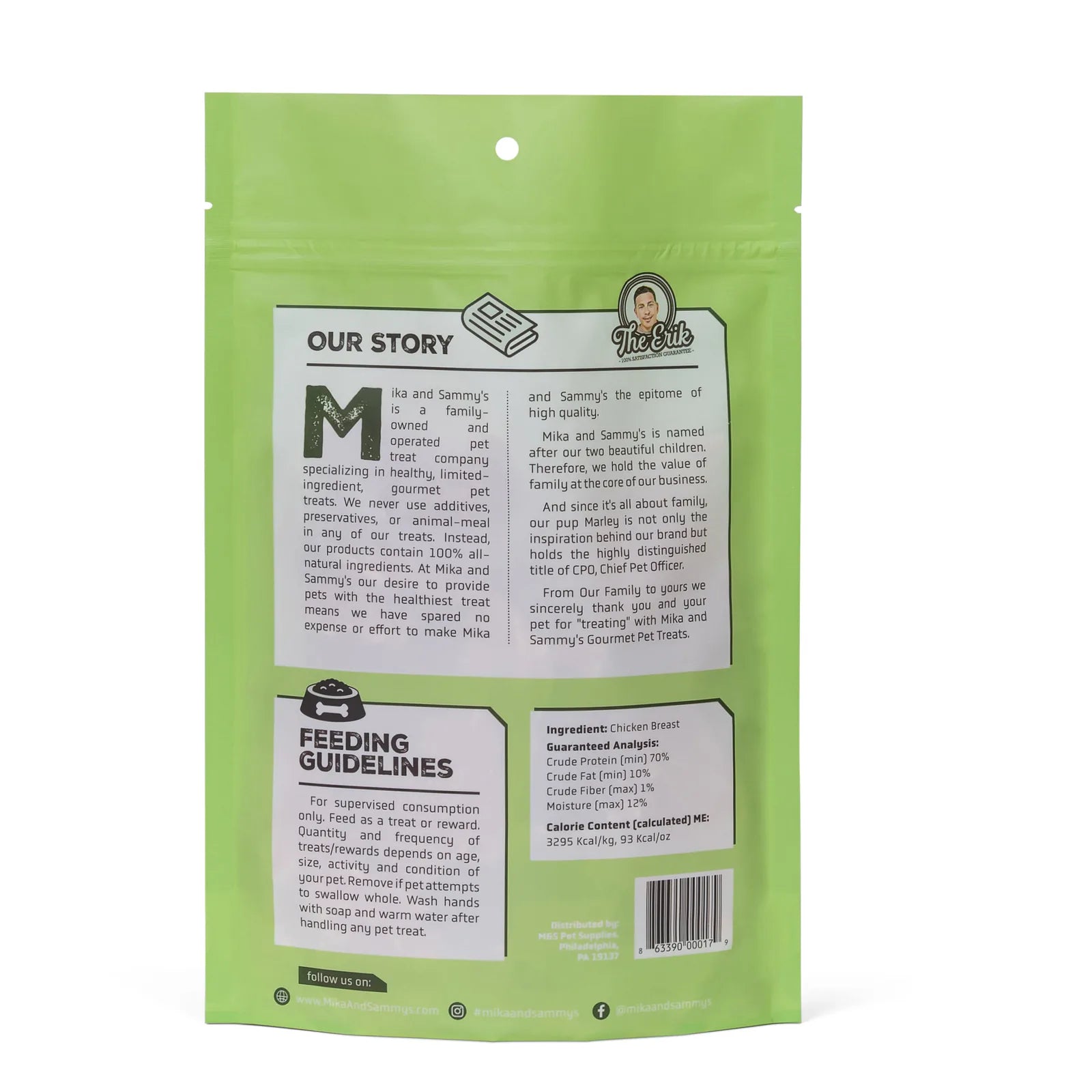 Rear view of Uncle Justy’s Just Chicken resealable green pouch showing ingredient list, feeding guidelines, brand story, and barcode on white background