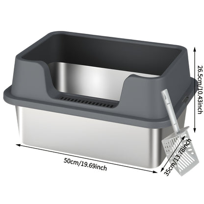 Stainless Steel Cat Litter Box with Scoop - High-Wall Semi-Enclosed Design, Non-Stick Easy Clean Surface, Anti-Leakage Odor Control, 2 Sizes for Kittens & Multiple Cats, Modern Metal Pet Toilet