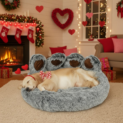 Dog Bed Cat Bed Bear Paw Shaped Donut – Calming Round Plush Pet Mattress, Warm & Soft Cuddler Bed for Dogs and Cats, Includes Pet Scarf, Sizes S to 2XL, Colors: Coffee, Pink, Grey, Brown