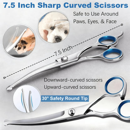 Dog Grooming Scissors Set 7-in-1 Professional Ceramic Coated Stainless Steel Safety Round Tip Straight Thinning Curved Scissors Comb Kit for Dogs Cats