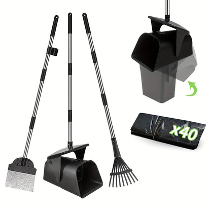 Dog Pooper Scooper with Long Handle & Swivel Bin - Heavy Duty Rake Spade Set, 40 Waste Bags Included, Pet Waste Removal for Yard Grass Gravel