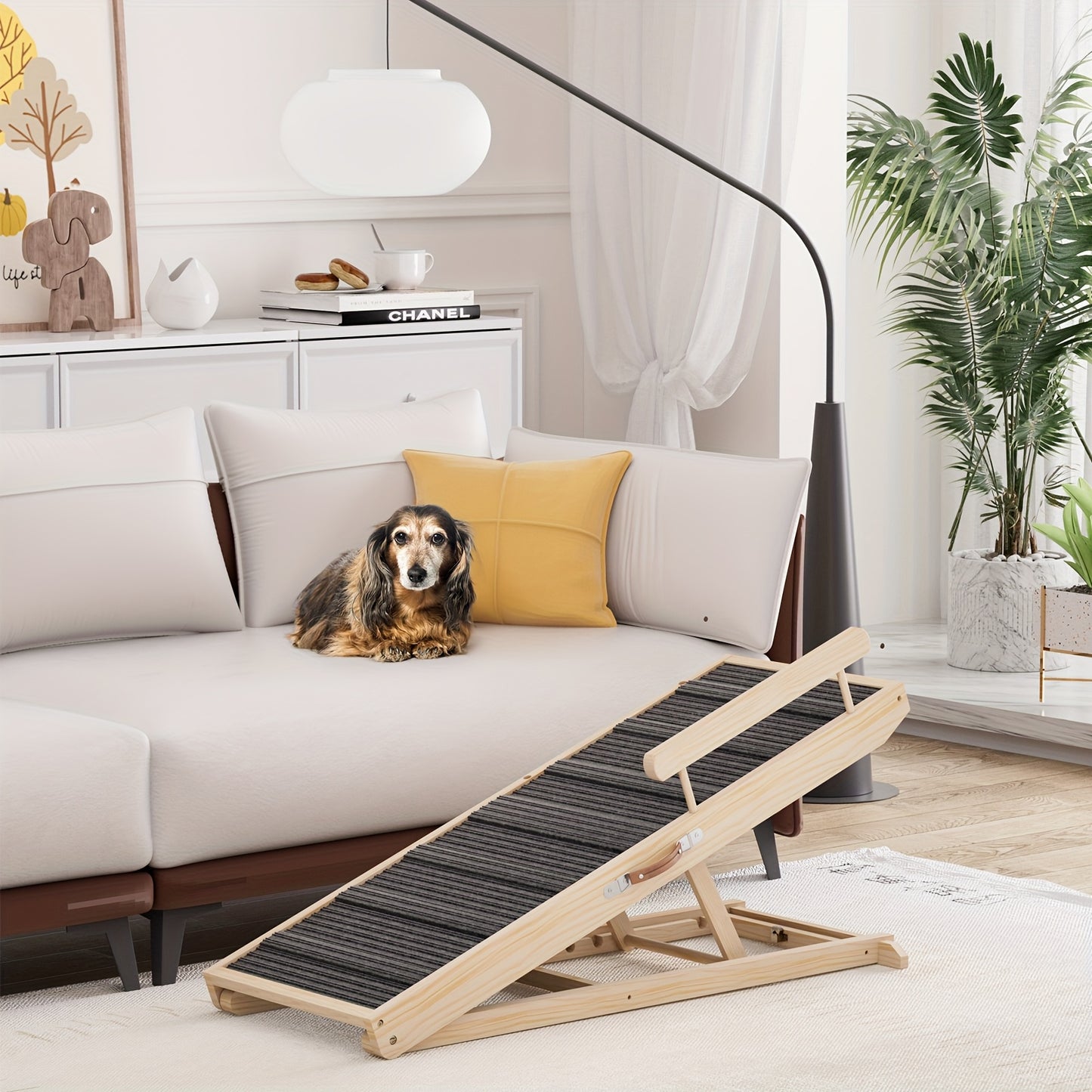 Dog Ramp for Bed & Sofa – Foldable Wooden Pet Ramp with Safety Guards, Adjustable Height, Holds 250 lbs, Indoor Outdoor Dog Steps for Small Medium Large Dogs, Couch Car Ramp