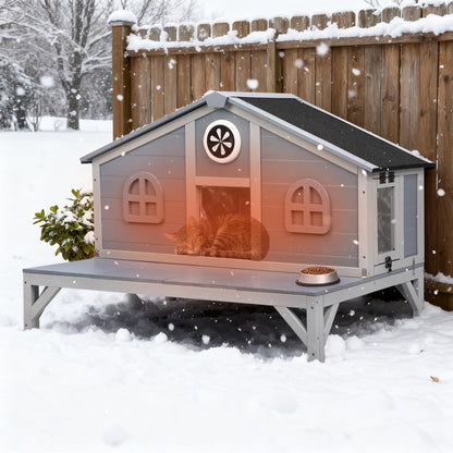 Outdoor Cat House Wooden Weatherproof Feral Cat Shelter with Deck, Elevated Legs & 2 Escape Doors – Large Indoor Outdoor Catio for 1-3 Cats, Rabbits & Small Animals, Grey