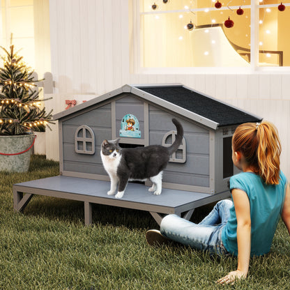 Outdoor Cat House Wooden Weatherproof Feral Cat Shelter with Deck, Elevated Legs & 2 Escape Doors – Large Indoor Outdoor Catio for 1-3 Cats, Rabbits & Small Animals, Grey