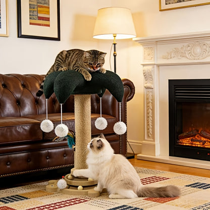 Cat Scratching Post Sisal Vertical Clown Hat Design, Wear-Resistant Cat Scratch Board with Cat Climbing Frame & Teaser Toy, Fun Shaped Cat Scratcher for Indoor Cats, Millet & Turtle Shape, Green
