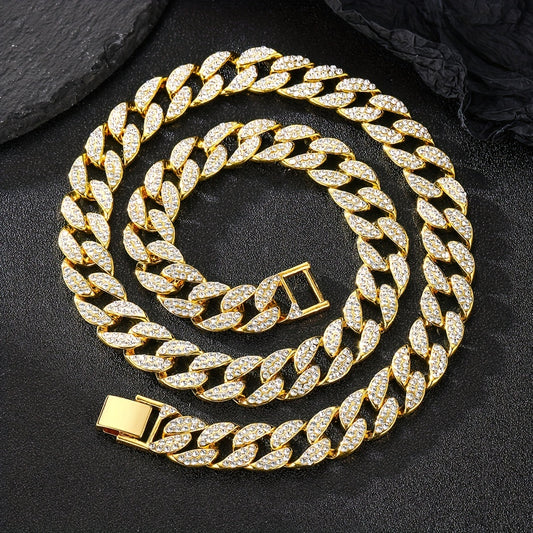 Dog Cuban Link Chain Necklace Full Rhinestone Pet Collar Jewelry – Durable Metal Bling Necklace for Small to Large Dogs & Cats, Sizes S to 3XL, Golden Silver Rose Gold, Holiday Gift