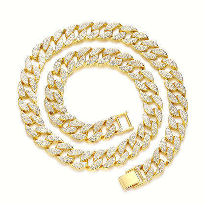 Dog Cuban Link Chain Necklace Full Rhinestone Pet Collar Jewelry – Durable Metal Bling Necklace for Small to Large Dogs & Cats, Sizes S to 3XL, Golden Silver Rose Gold, Holiday Gift