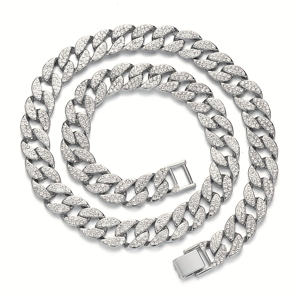 Dog Cuban Link Chain Necklace Full Rhinestone Pet Collar Jewelry – Durable Metal Bling Necklace for Small to Large Dogs & Cats, Sizes S to 3XL, Golden Silver Rose Gold, Holiday Gift