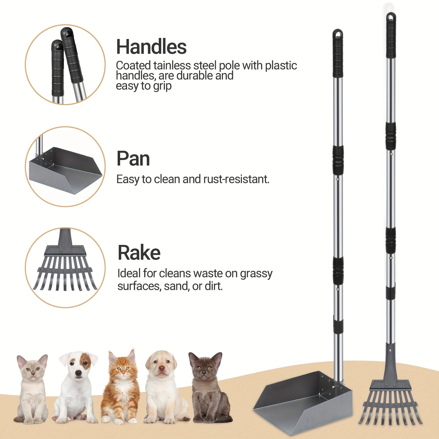 Dog Pooper Scooper Set Stainless Steel – Rust-Proof Tray & Rake with Adjustable Handles, Easy-Clean Pet Waste Removal Scoop for All Breeds, Multiple Colors Available