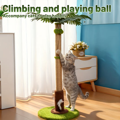 Cat Scratching Post 36.3 Inch - Natural Sisal Coconut Tree Design with Hanging Balls, Stable Weighted Base Cat Scratcher Tower for Indoor Cats, Space-Saving Kitten Activity Center for Apartment and Home