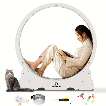 Cat Exercise Wheel 45-Inch XL Silent Running Wheel – Large Wooden Indoor Cat Treadmill with Carpeted Runway for Active Cats, Cat Fitness Wheel Gift for Cat Lovers, Wood, White & Black