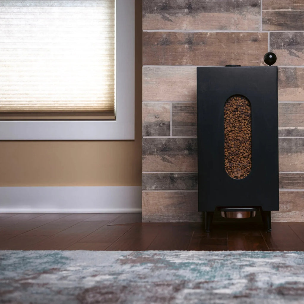 Dog food storage dispenser with mid century feeder styling, product image 2