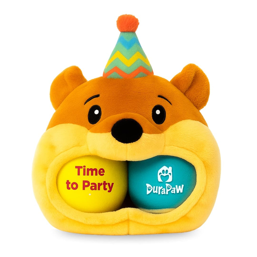 Dog Toy Celebration Bear 3-in-1 for Rip, Squeak, and Hidden-Surprise Play at Home and Happy Pawty Time