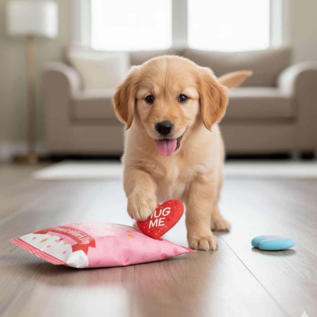 Plush Dog Toy Set for Pawlentine’s Day Surprise Play, Three Heart-Shaped Squeaky Toys for Gentle Chewers