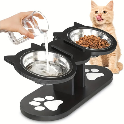 Elevated Cat Bowl – Adjustable Height Stainless Steel Raised Feeder with Anti-Spill Black Wooden Base, Indoor Food & Water Dish for Cats & Small Dogs
