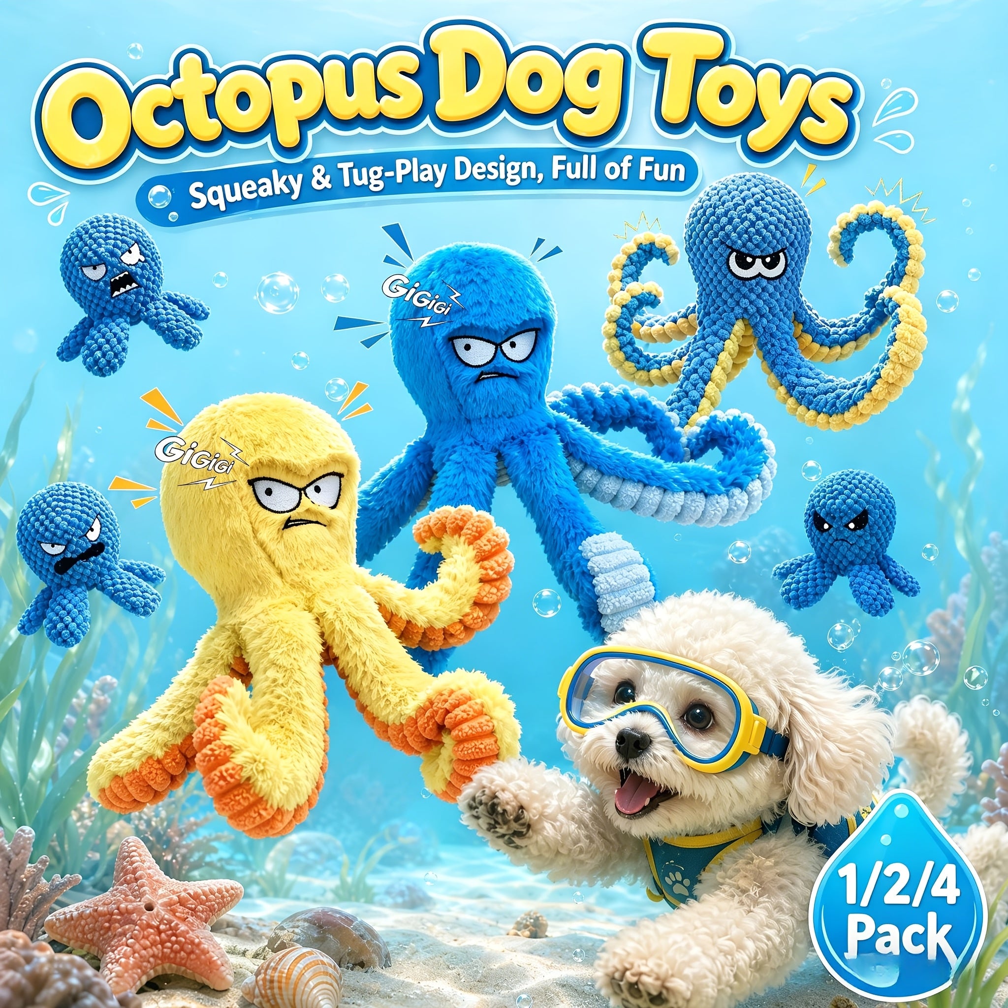 1/2/4Pack Tough Dog Toys, Stuffed Dog Chew Toys, Large Dog Toys to Keep Them Busy, Interactive Dog Toys, Squeaky Dog Toys, Tug of War Dog Toy, Crinkle Dog Toy (Blue Octopus)