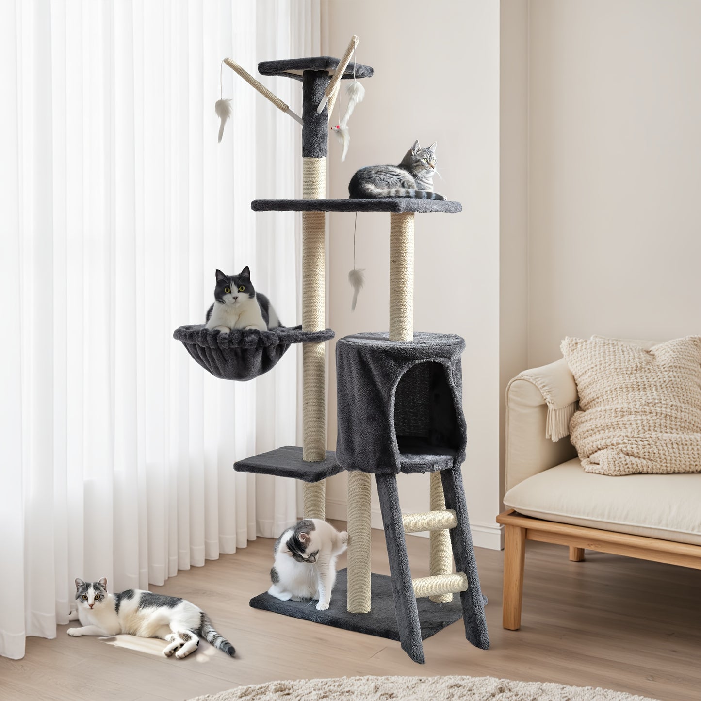 Cat Tree Tower Multi-Level with Cat Bed, Condo & Sisal Scratching Post – 3 or 4 Tier Indoor Cat Tree for Large Cats, Kitten & Senior Cats, Modern Cat Furniture with Teaser Toys & Climbing Perch
