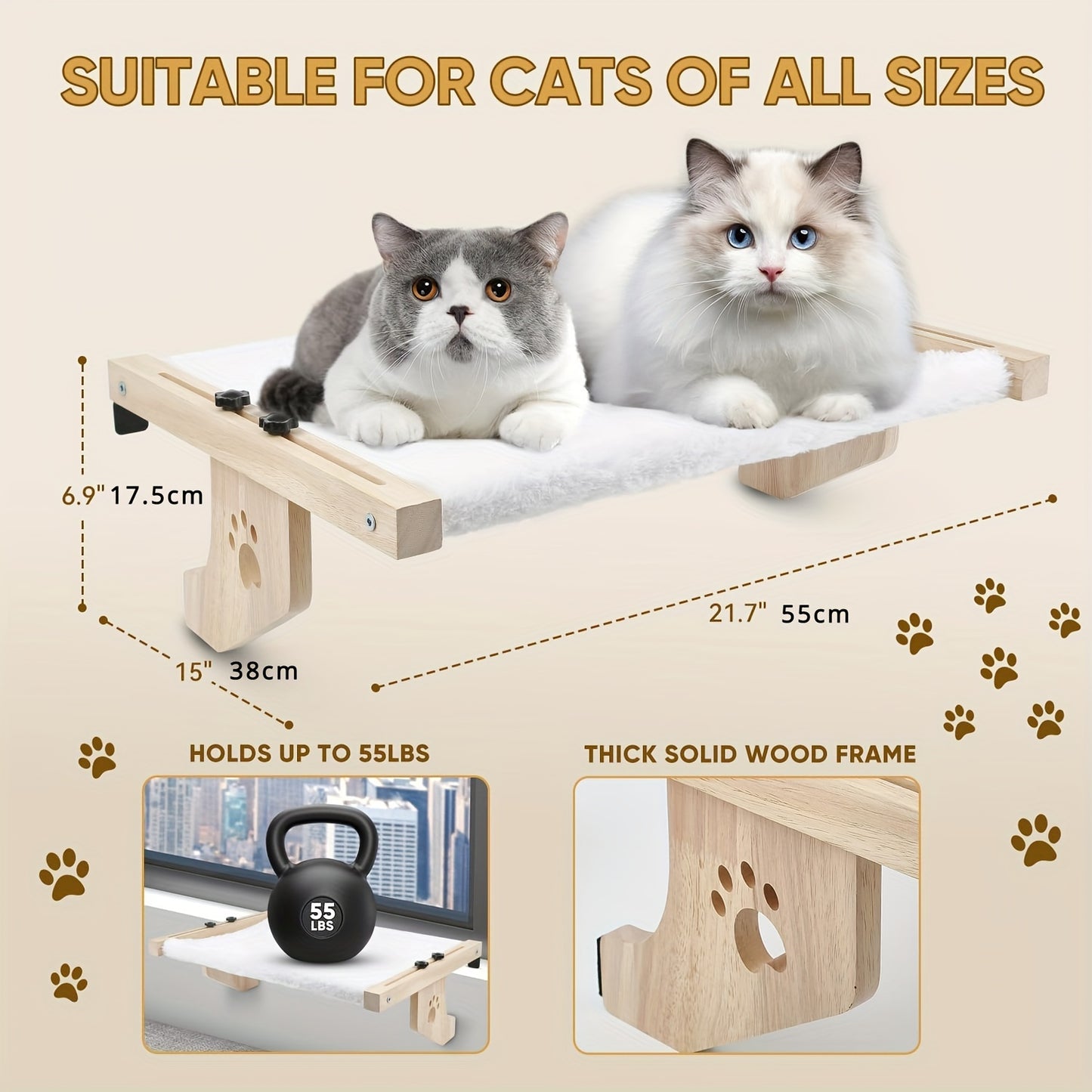 Cat Window Perch Hammock - Wood & Metal Frame Windowsill Seat for Large Indoor Cats, Adjustable Cat Shelf for Window Sill Bedside Drawer Cabinet, Space-Saving Cat Bed Lounger Sunbathing Perch