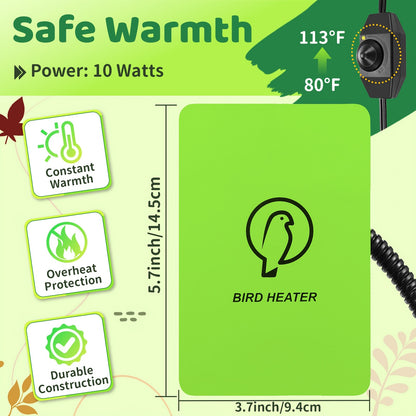 Bird Cage Heater 10W with Rotary Switch & Power LED Indicator – Heating Pad for Parrots, Parakeets, African Grey & Exotic Pet Birds, Anti-Bite Rope, 3.7×5.7 Inches