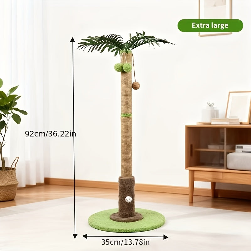Cat Scratching Post 36.3 Inch - Natural Sisal Coconut Tree Design with Hanging Balls, Stable Weighted Base Cat Scratcher Tower for Indoor Cats, Space-Saving Kitten Activity Center for Apartment and Home