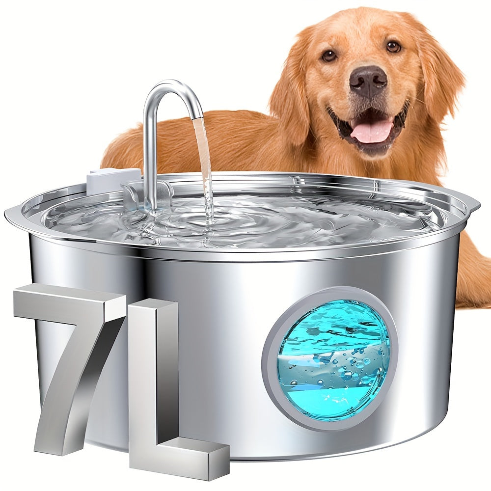 1.85gal Large Capacity Smart 304 Stainless Steel Dog Water Fountain Dog Automatic Water Fountain Feeder Pet Water Fountain Cat And Dog Water Fountain with Window Silent No 5V 1A Plug, Without Battery