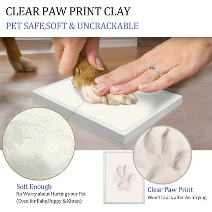 Pet Paw Print Frame Kit with Clay Impression – Wooden Photo Frame Keepsake for Dogs & Cats, Tabletop Memorial Gift, Home Decor Commemorative Set, White