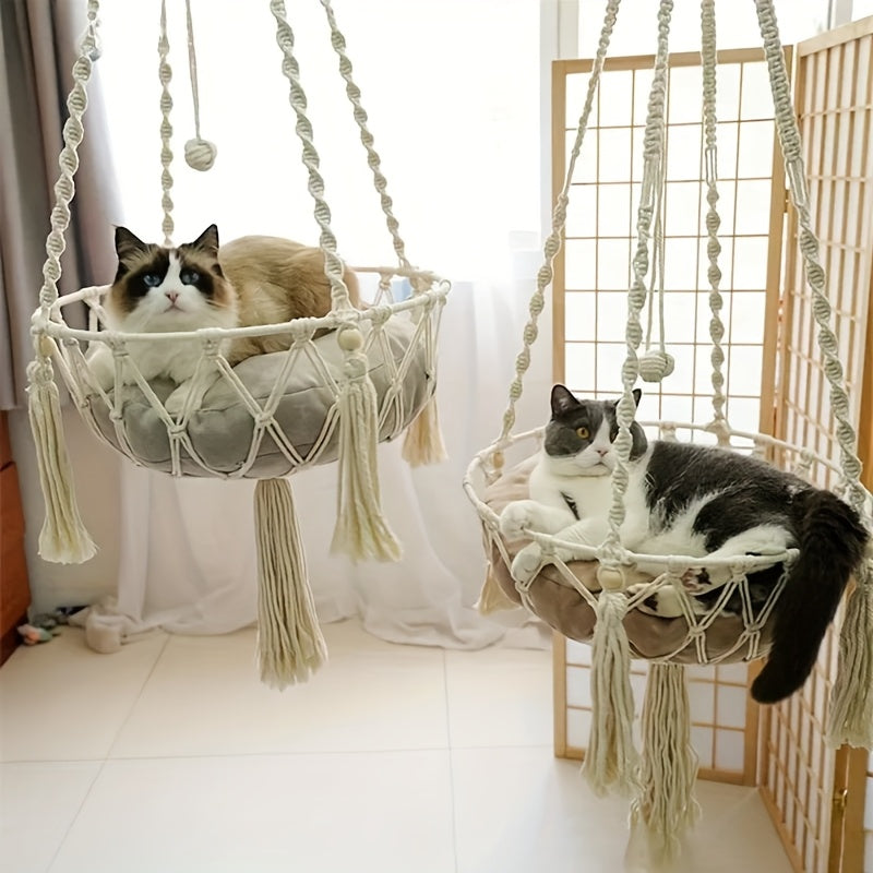 1 Extra Large Hand-woven Rope Cat Hammock, Pet Swing Bed, Indoor Cat Nest Basket, Providing A Comfortable Resting Space for Cats, Suitable for Two Cats to Sleep, Super Load-bearing, Durable And Will Not Break, 40cm Diameter, 15.75in