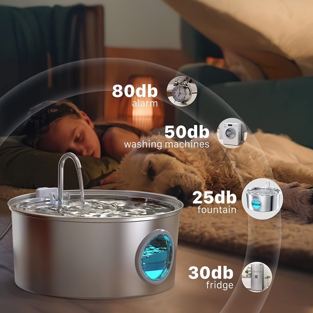 1.85gal Large Capacity Smart 304 Stainless Steel Dog Water Fountain Dog Automatic Water Fountain Feeder Pet Water Fountain Cat And Dog Water Fountain with Window Silent No 5V 1A Plug, Without Battery