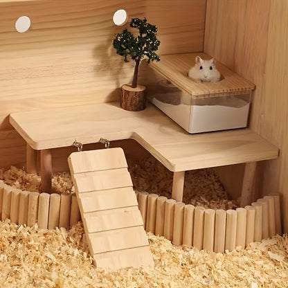 Hamster Climbing Toy – Two-Tier Wooden Platform with Stairs & Hiding Spot, Small Animal Cage Accessory for Golden Hamster, Gerbil, Mouse, Dwarf Hamster