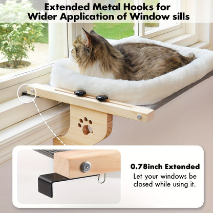 Cat Window Perch Hammock - Wood & Metal Frame Windowsill Seat for Large Indoor Cats, Adjustable Cat Shelf for Window Sill Bedside Drawer Cabinet, Space-Saving Cat Bed Lounger Sunbathing Perch