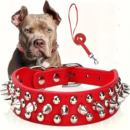 Rivet Dog Collar Bite Resistant with Leash Set, Heavy Duty Metal Buckle Pet Collar for Medium Large Dogs, Adjustable Sizes XS–XXL, Black Pink Red Blue Purple