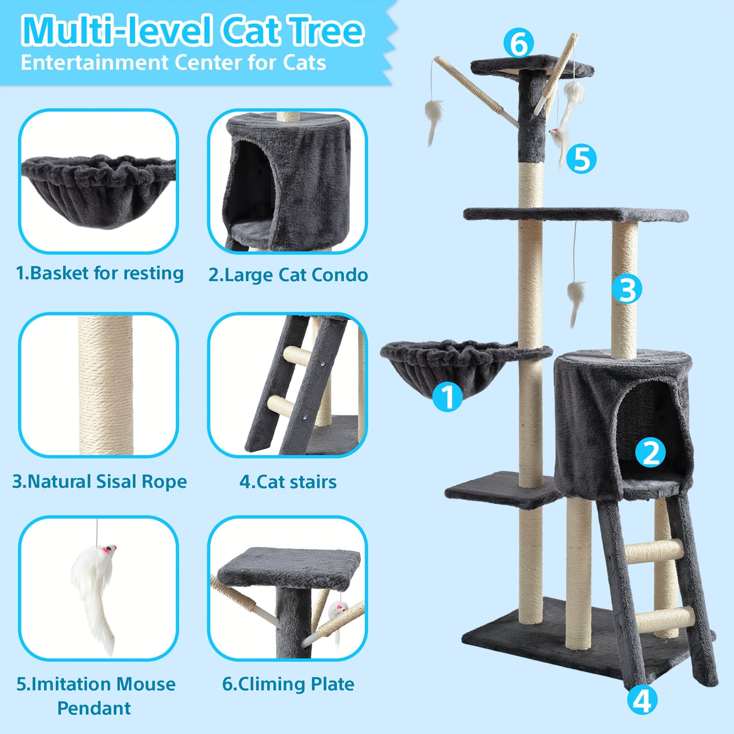 Cat Tree Tower Multi-Level with Cat Bed, Condo & Sisal Scratching Post – 3 or 4 Tier Indoor Cat Tree for Large Cats, Kitten & Senior Cats, Modern Cat Furniture with Teaser Toys & Climbing Perch